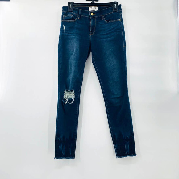 Frame Denim Le Skinny de Jeanne Crop Raw-Edge Jean Busted Knee Faded Thorpe 28 - Picture 5 of 13